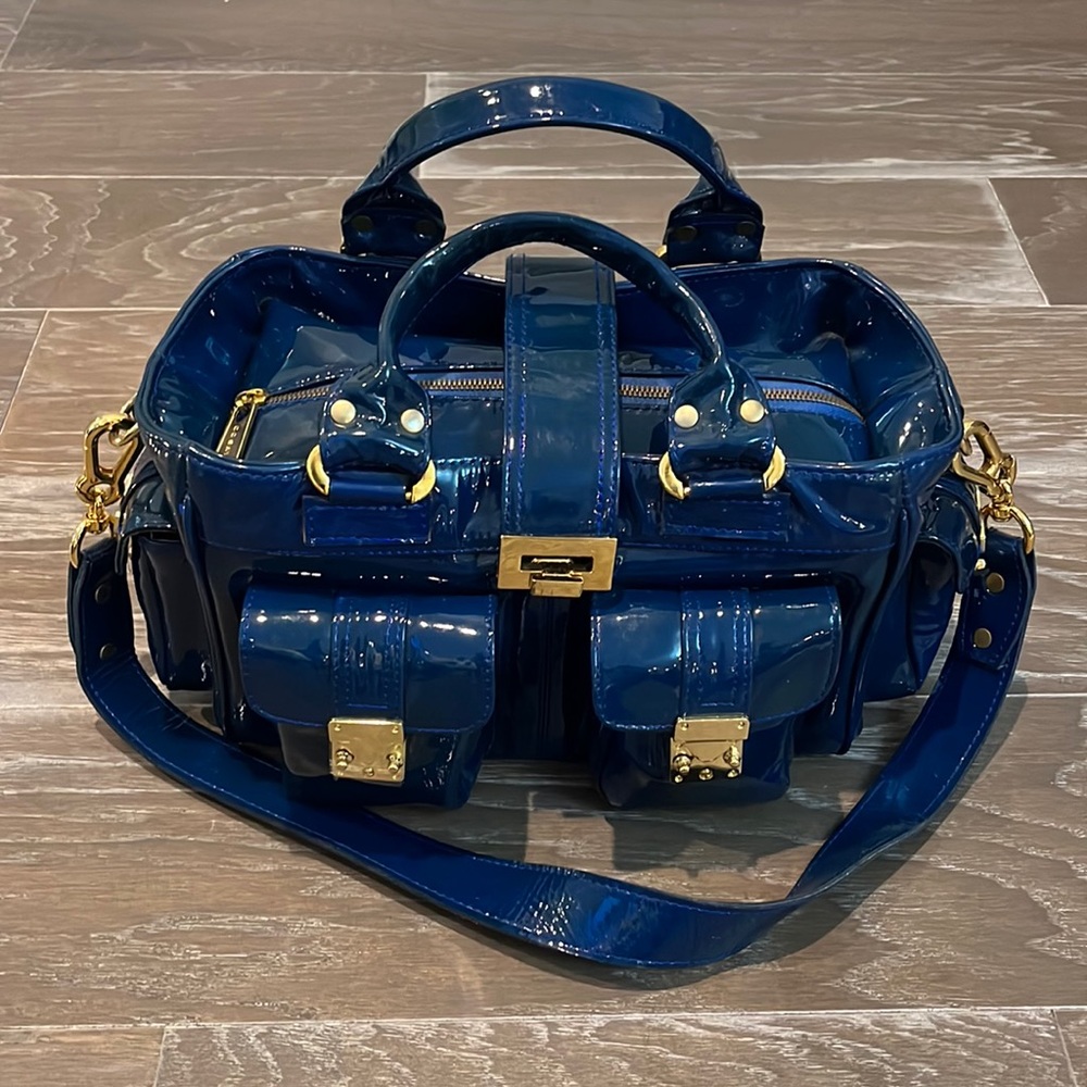 CC Skye patent leather royal blue handbag